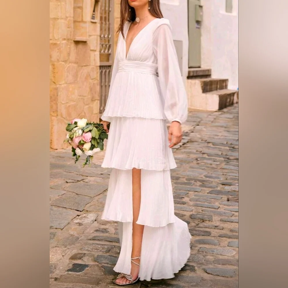 New Flowy Pleated Tiered Maxi Dress Bishop Long Sleeve White - Picture 8 of 11